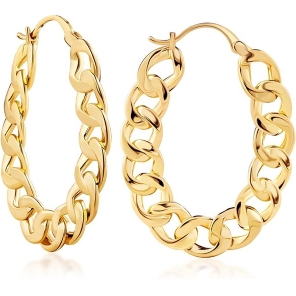 GOLD 18k Gold Plated Link Chain Hoop Earrings - Picture 3 of 3